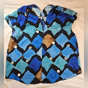 Nic+Zoe Womens Blue Brown And Black Sleeveless V-neck Ruched Blouse Size Large